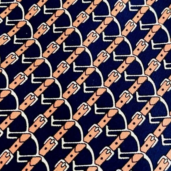 Hermes 100% Silk Equestrian Belt & Saddle Stirrups Navy Blue & Pink Men’s Neck T - Picture 1 of 4